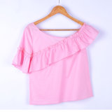 Latest Fashion Pink Color Tops Sexy off Shoulder Long Sleeve of Ruffies Short Tops & Blouse for Women Shirt