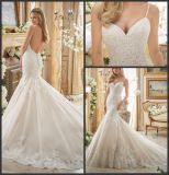Spaghetti Bridal Gowns Lace Tulle Cathedral Train Mermaid Wedding Dress Mrl2871