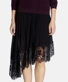 Pleated MIDI Skirt with Lace Applique and Asymmetric Hem
