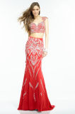 Crystals Beading Crop Top Two-Piece Red Mermaid Party Evening Dress