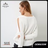 Ladies Crew Neck Cut out Sleeve White Knit Sweater