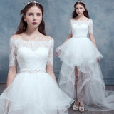 off-The-Shoulder Short Sleeves High-Low Asymmetry Wedding Dress (Dream-100082)