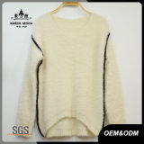 Women Leather Patch Sweater with Curve Hem