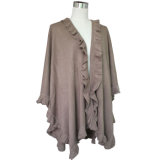 Lady Fashion Acrylic Knitted Shawl with Ruffle Trim (YKY4140-1)