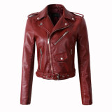 Red Wine Leather Women Zip Jacket