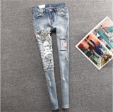 P1122 Autumn Newest Special Skull Design Ladies High Elastic Jeans Ripped Women Washed Long Jeans Slim Holes Denim Female Trouser for Retail