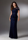 Short Sleeve Lace Ladies Mother Dress Navy Blue Evening Gown