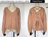 Fashion Women Back Lace up V Neck Sweater