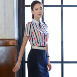 Fashion Design Ladies Formal Short Sleeve Drape Stripe Shirt