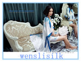 100% Silk Pajamas White and Blue Silk Fabric with Chinese Style