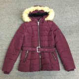 New Fashion Long Women Jacket with Waistcord Hood Fur Sy-1804