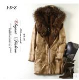Real Rabbit Leather and Fur Coat with Raccoon Fur on Collar Women Long Style