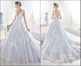 V-Neckline Blue Ball Gowns Applique Lace Bridal Wedding Dresses Z5054