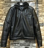 Black Motorcycle Men Leather PU Jacket with Tc Grey Hood
