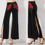 Fashion Women Leisure Casual Rose Flower Embroidery Side Split Pants