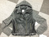 Back Color Leather PU Ladies Jacket with Hood