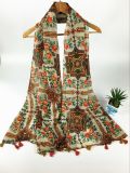 New Style 100%Cotton Voile France Styling Print with Fringed Fashion Long Scarf