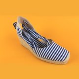 Low Price Women Close Toe Ankle Strap Blue Strip Wedge Espadrille Sandals
