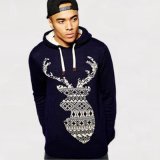 Ribbed Trims Knitted Hoodie with Fair Isle Stag