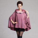 Lady Fashion Fur Collar Hooded Acrylic Knitted Shawl Poncho (YKY4463)