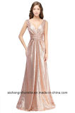 Sexy Deep V-Neckline Shinny Gold Pink Sequin-Free Evening Dress