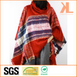 Ladies Winter Red Checked Pullover Woven Shawl with Collar