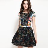 Lady Floral Lace Dress with Short Cap Sleeves Fashion Style