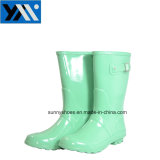 Green Solid Textil Women Horse Riding Rubber Rain Boots with Buckle