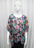 Women Fashion Flower Printed Polyester Chiffon Silk T-Shirt (YKY2224)