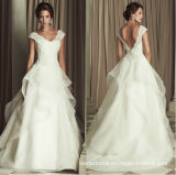 V-Neck A-Line Lace White Organza Bridal Wedding Gown W1471955