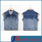 Patch Embroidery and Rip Sleeve Women Jean Waistcoat (JC4050)
