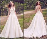 Sleeveless Satin Ball Gown Beaded Appliqued Lace Simple Bridal Gown We116