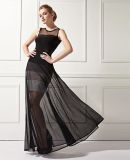 Black Round Neck Long Dress with Sleeveless Gauze Dress