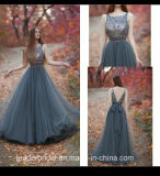 Grey Tulle Party Evening Dresses Beaded Top V-Back Formal Prom Gowns Z1021