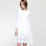 Lady White 100% Cotton Voile Embroidery Dress with Lace Insert
