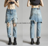 Fashion Women Fake 2-Piece Long Ripped Jeans Ladies Pants