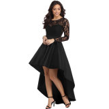 Black Long Sleeve Lace High Low Satin Evening Prom Gown Dress