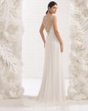 Heavy Crystal Beading Back Pleat Chiffon Beach Bridal Dress Wedding Gown