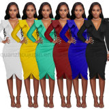 OEM Fashion Sexy Colorful Deep V Long Sleeve Dress