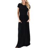 Casual Summer Black Cotton Short Sleeve Ruched Waist Long Dress
