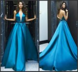 Backless Satin Prom Party Gowns Blue Evening Dresses Z3042