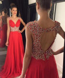 Red Chiffon Prom Dress V-Neck A-Line Long Evening Dresses E14421