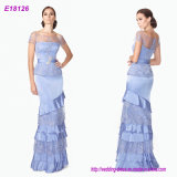 Blue Layered Lace Short Sleeves Princess Latest Wholesale Lady Evening Dress
