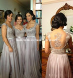 Evening Dress Cap Sleeves Silver Embroidery Chiffon Bridal Party Prom Cocktail Dresses a-Line Floor Length Bridesmaid Dresses E13202