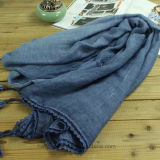 Elegant Natural Linen/Cotton Dyed Lady Shawl with Lace (Hz213)