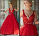 Red Prom Dress Beading Tulle Party Evening Dress 2017 Ld15291