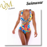 Flower Printed Nylon Spandex Fabrics One-Piece V Chest Swimsuits Swimwear
