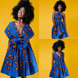 Women Casual African Print Multi-Way Pleated Swing Dress, Bohemian Style Dress