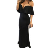 Elegant Black Ruffle off Shoulder Party Maxi Prom Evening Dress