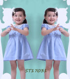 Blue Smocked Cap Sleeves Cotton Dresses for Toddler Girl